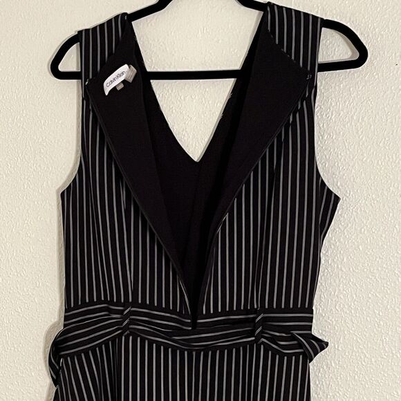 Calvin Klein Midi Dress SZ 10 Striped  Coquette Ruffle Asymmetrical Party Career - Picture 9 of 14